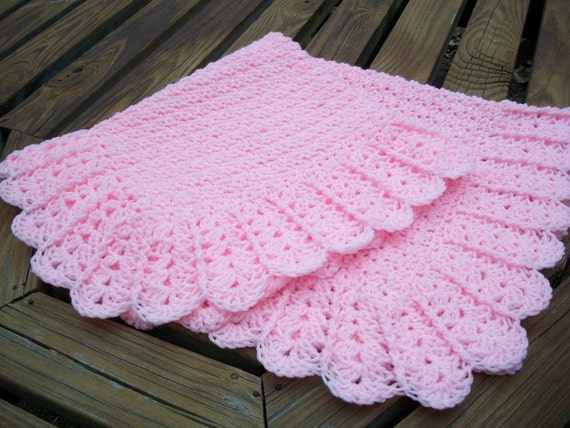 Baby Girl Blanket/Afghan Hand Crocheted Beautiful Shell Border