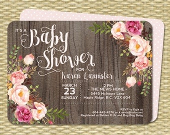 Baby Shower Invitation Baby Girl Shower Rustic Watercolor Dark Wood Roses Peonies Pink Blush Raspberry Floral Sip and See