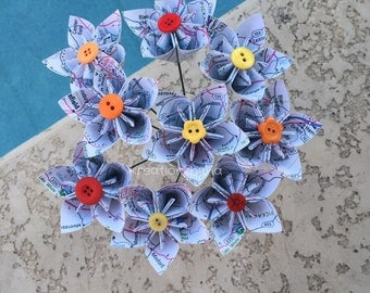 Map Paper Flower with Stem // Origami Kusudama Paper Flower Bouquet/ Flower Arrangement/ Centerpiece/ Wedding/ Bridal Bouquet