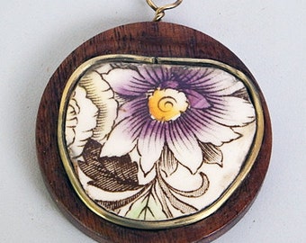 Vintage Wood Pendant with Porcelain and Brass