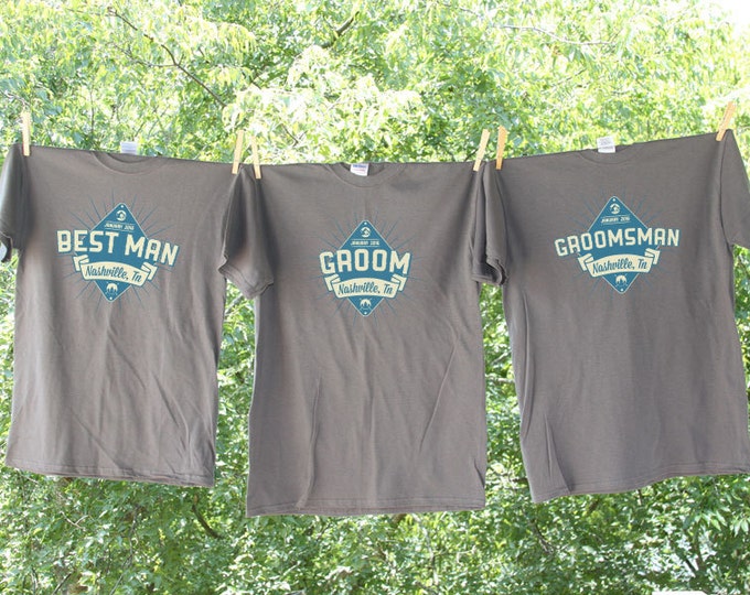 Groomsmen Group Shirts -Set of 3- Mountain Burst Groom, Best Man and Groomsman personalized with date - GC