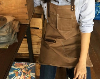 New Brown Canvas Apron no.04 Copper rivets one pockets Neck Leather /garden/barista/ Handmade