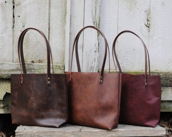 USA made Rustic Leather Tote With Dark Straps | Light, Dark, Merlot | Slim | Sleek