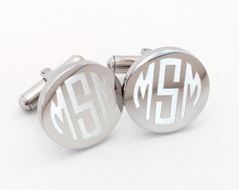 Monogrammed Cufflinks in Stainless Steel Round Personalized Custom Initials Engraved