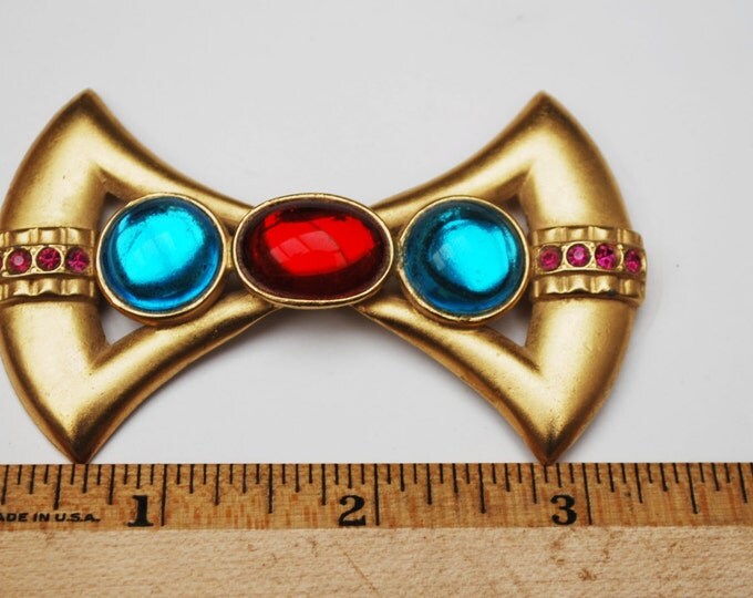 Bow Bar Brooch - Red blue cabochon -Rhinestone Art Deco Style pin