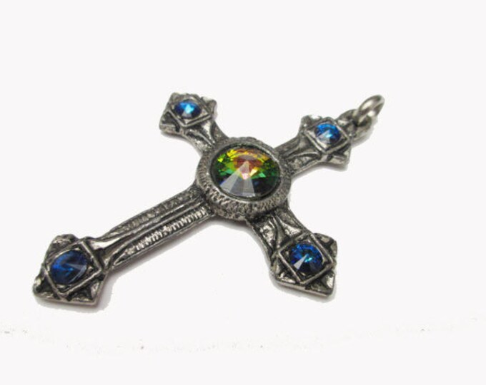 cross pendant - Green Yellow rivoli and blue rhinestone - Religious - Santa Maria