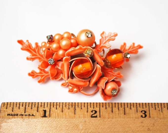 Orange Flower Brooch - Haskell "esque" - wired glass beads and rhinestones - Enamel and Pearls -Floral Bead