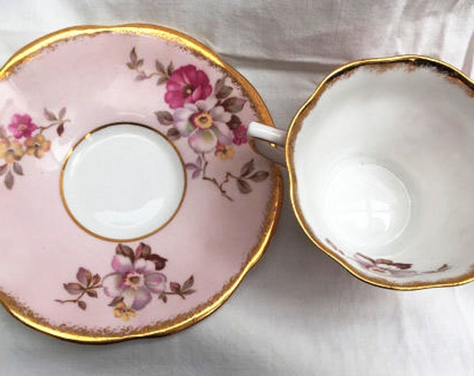 Clare Tea Cup and Saucer -Pink Floral - Fine Bone China England