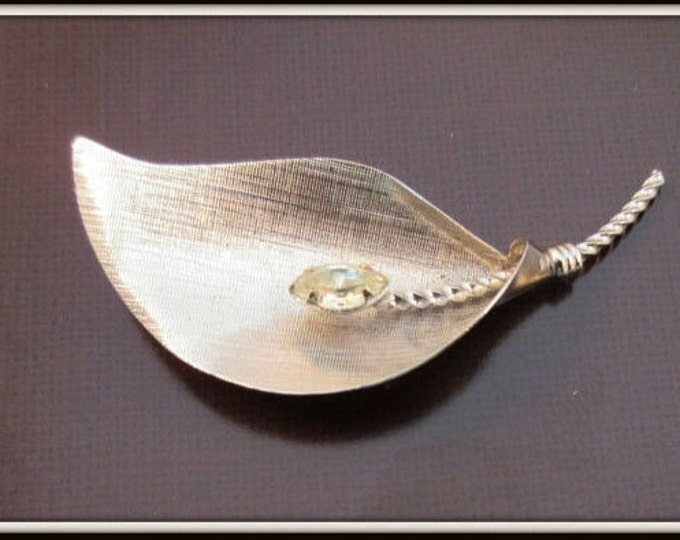 Sterling silver leaf brooch - rhinestone - Signed pin