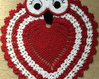 Owl Rug, Owl Crochet Rug, Owl Doily Rug, Circular Crochet Rug, Crochet Owl, Owl Decor, Owl Nursery Rug, Red and white Decor, Cotton Rug