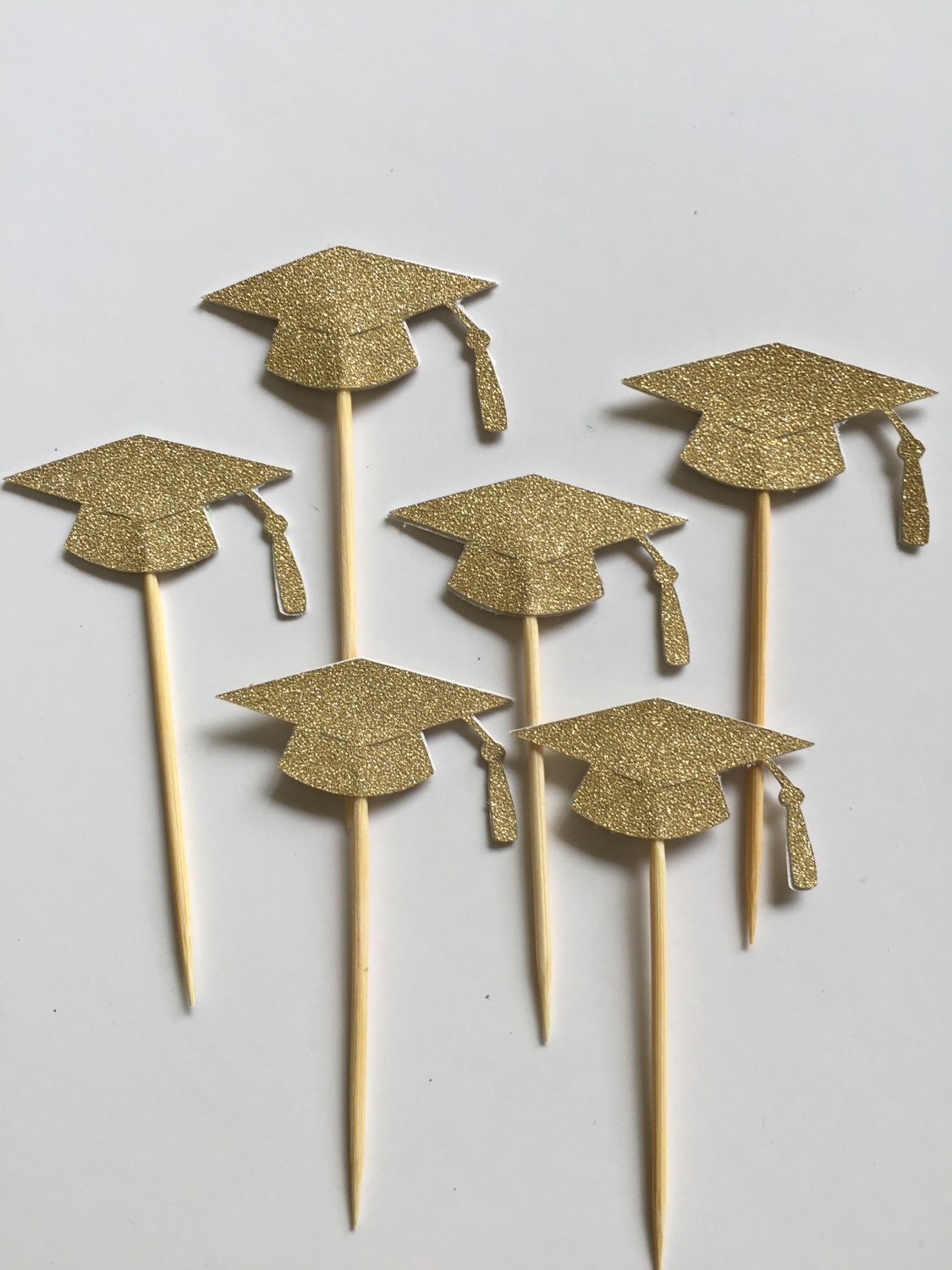 24 Pieces Glitter Gold Graduation Cap Cupcake Toppers
