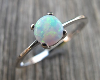 Round White Opal Ring- Solitaire Opal Ring- Stackable October Birthstone Ring- Boho Midi Thumb Knuckle Ring- 4 Prong Opal Gemstone Ring