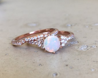 Opal Bridal Set Ring- Opal Engagement Wedding Ring- Opal Promise Ring Set- Rose Gold Opal Ring- October Birthstone Ring- Round Opal Ring