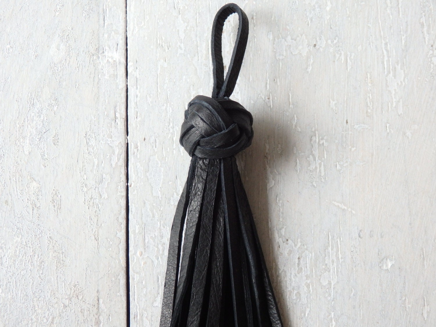Black leather tassel with knotted head ONE Black leather
