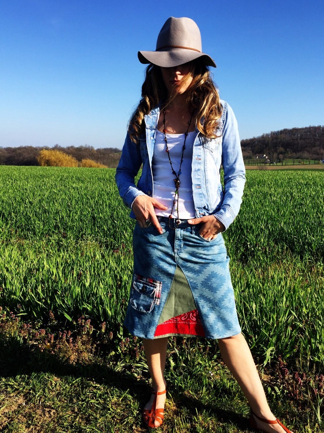 Boho Skirt Denim Maxi Skirt Denim Skirt Upcycled Clothing