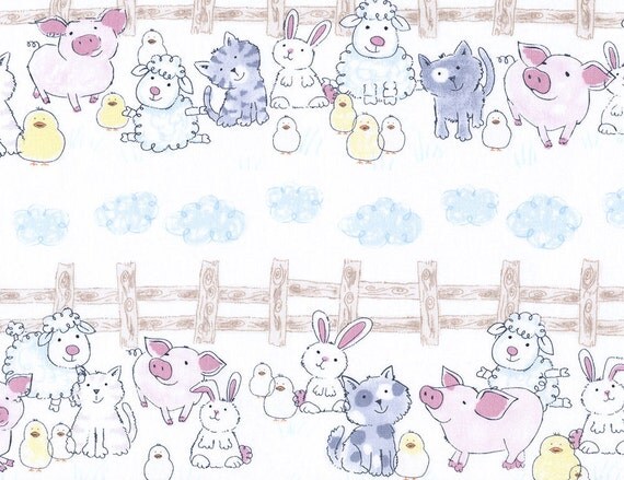 Babes in Framland Farm Animal Stripe by Gail Cadden C3122 in White for Timeless Treasures