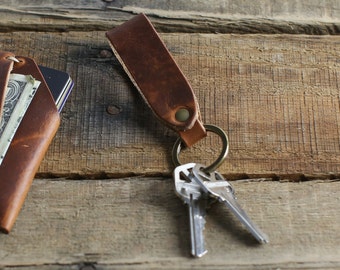 Custom Leather Keychain Fob // Horween Leather English Tan // Antique Brass Hardware