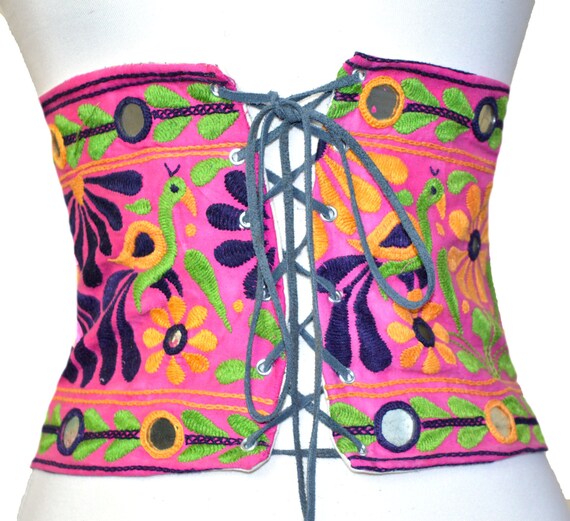 pink embroidered corset belt lace up belt waist belt cotton