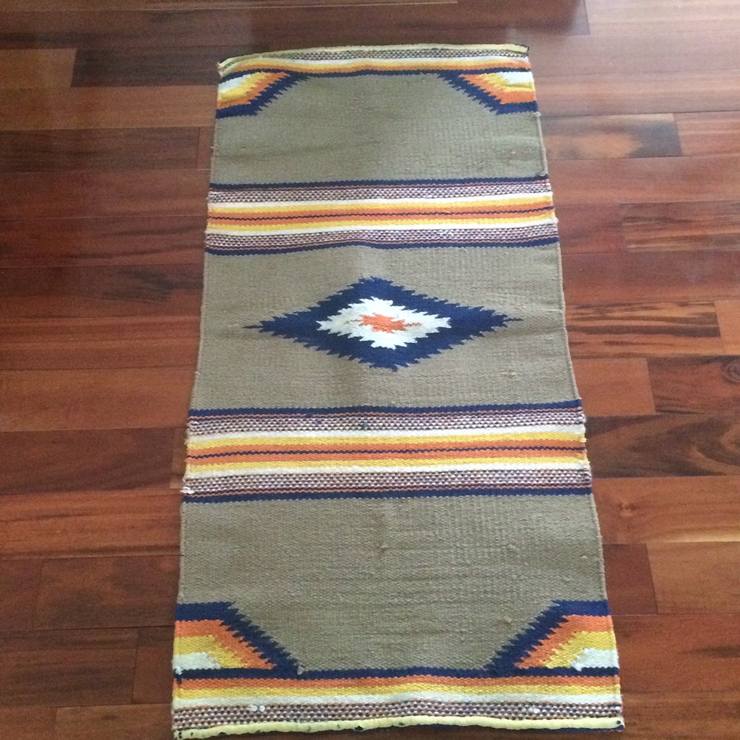 Saddle blanket woven wool rug Mexican floor runner by Callaina