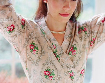 Fleur Classique. One of a kind. READY TO SHIP. Cotton knee length kimono robe or dressing gown in Medium. Bridal robe. Unlined.