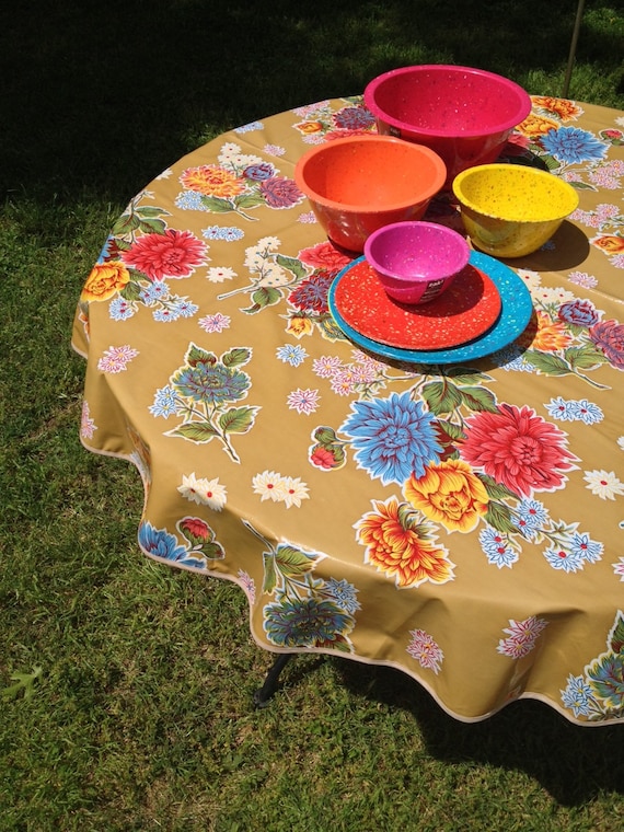 60 Oil Cloth Tablecloth Round BEIGE Mum WITH HOLE