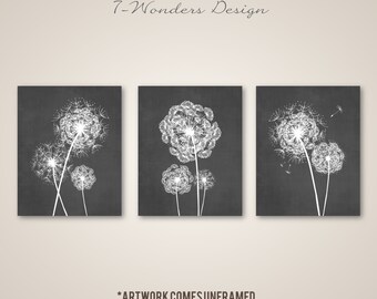 Dandelion Wall Art Prints, Charcoal Grey Flower Art, Living Room Bedroom Bathroom Floral Art Set of (3) 5x7, 8x10 or 11x14, Home Decor
