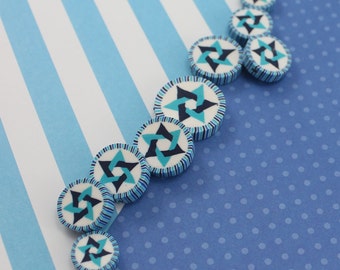 Star of David beads, Jewish Symbol in blues turquoise and white, polymer clay round flat beads, set of 9 Polymer clay beads