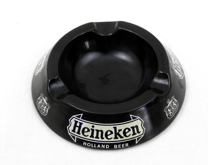 Vintage Heineken Beer Black Glass Ashtray, Mid Century Decor, Retro Vintage Home Interior, Holland Vintage, Man Cave ,Tobacciana, Smoking