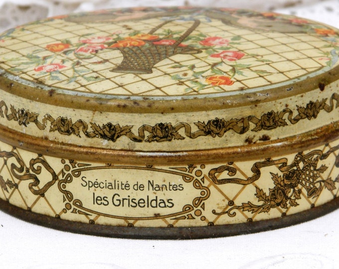 Antique French Metal Candy Tin, Les Griseldas from Nantes Illustration of Cherubs with Basket of Roses, Retro Vintage Home Decor, Country Antique French Metal Candy Tin, Les Griseldas from Nantes Illustration of Cherubs with Basket of Roses, Retro Vintage Home Decor, Country