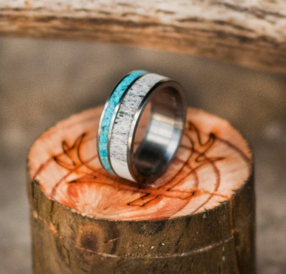Mens Wedding Band Turquoise & Antler Ring Staghead Designs