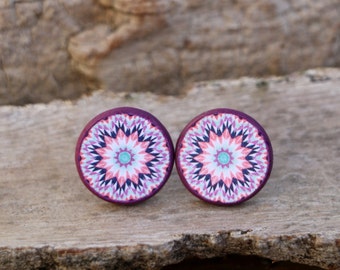 Eggplant Purple Mandala Posts, Large Studs, Mandala Earrings, Trending Bohemian Studs, Decoupage, Meditation Jewelry, Surgical Steel Posts