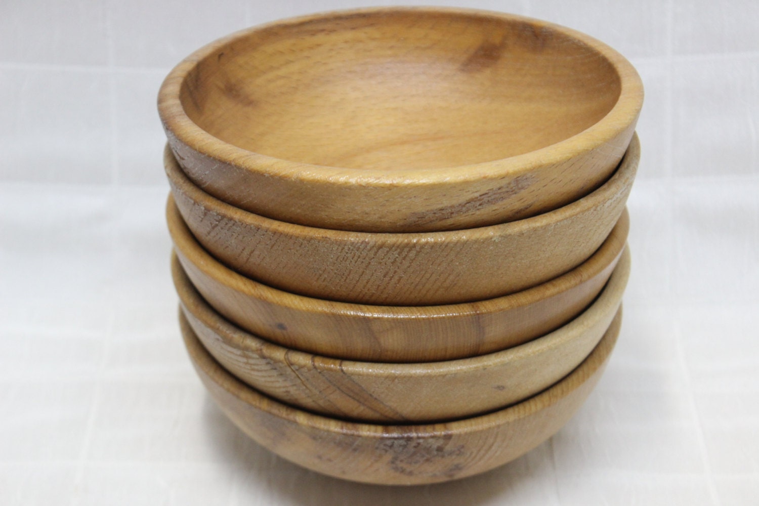5Piece Set Vintage Hand Carved Wooden Japanese Rice Bowls