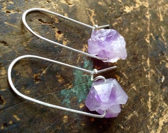 Serene | Amethyst earrings | LARGE CHUNKY Raw Amethyst stones | metalwork earrings| Purple Amethyst | Sterling Silver Earwires | hippie