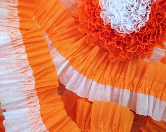Orange and White Ruffled Crepe Paper Streamers - 36 Feet - Party Decor Garland Hanging Decoration Supplies Il_570xn