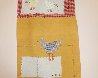 Rooster & Hen Kitchen Art Vintage Handmade Country Kitchen Decor Fabric Wall Hanging