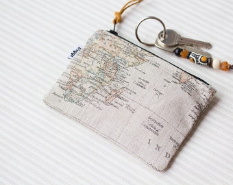 Travel Wallet - Zipper Coin Purse - Womens & Mens World Map Pouch, Wanderlust, Small Credit Card Case, Business Card Holder, Keychain Pouch