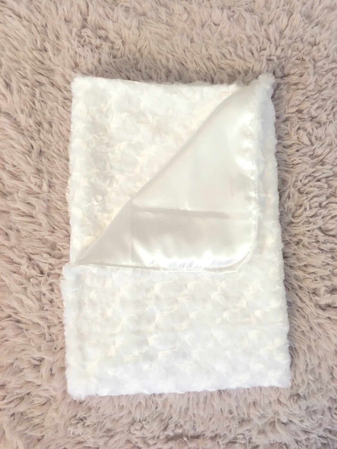 Gender Neutral Baby Blanket with White Satin & White by BizyBelle
