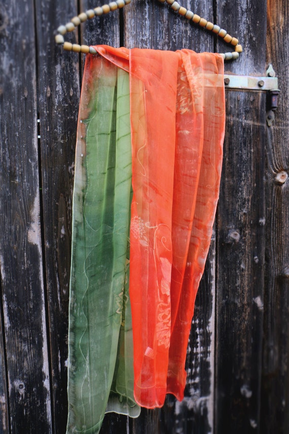 silk scarf color green orange 100 silk by HelenaArtSilk