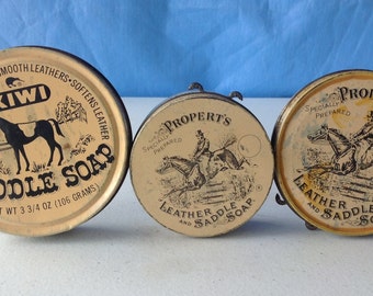 Old Equestrian TINS Saddle Soap Properts Kiwi tan horse logo vintage leather cleaner empty
