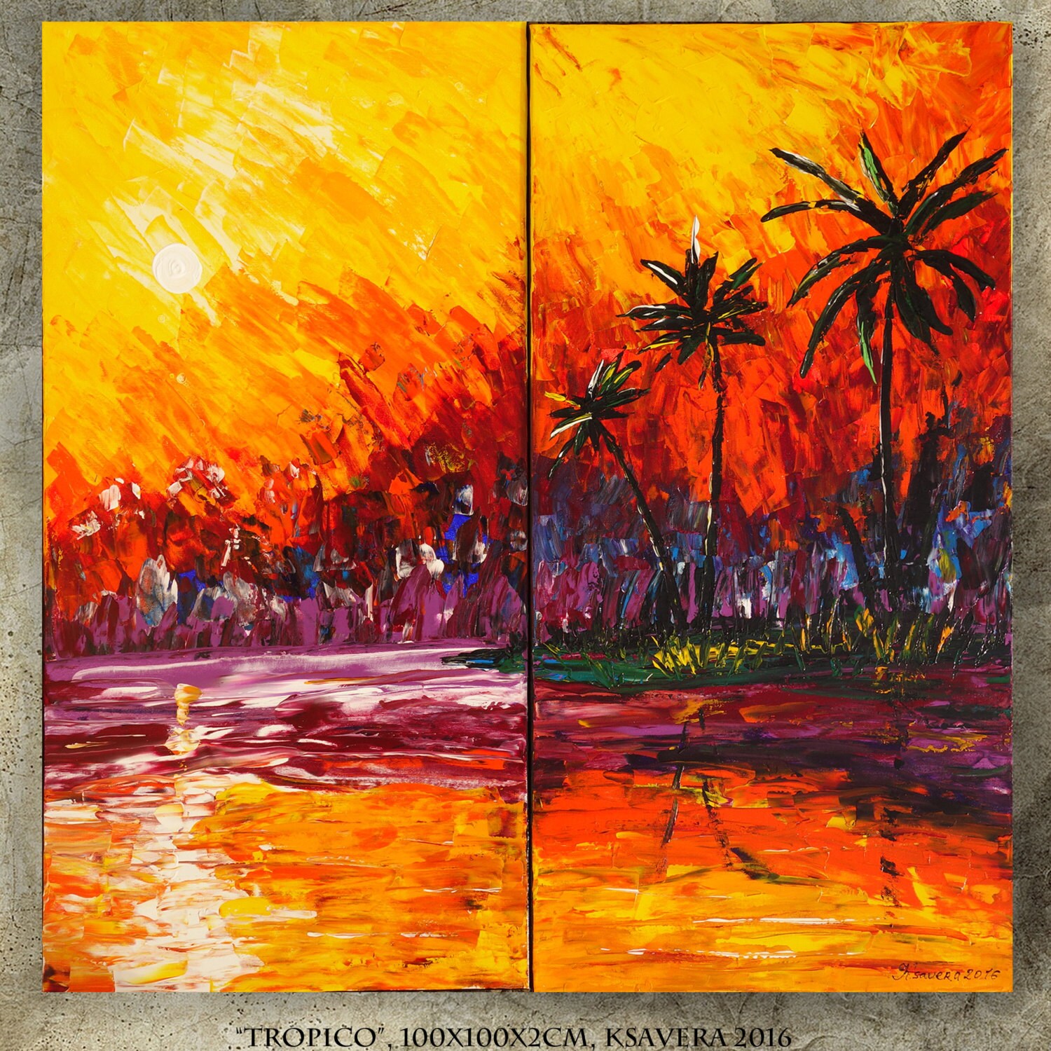 Palette knife painting expressionism sunset at sea by KsaveraART