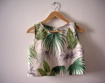 Tropical Leaves Printed Crop Top, Exotic Print Green Top, Jungle Print, Green Crop Top, Made to Order.