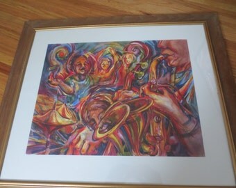 CHARLOTTE BARNHARD PRINT In Antique Frame 28 1/2" x 24 1/2" Brightly Colored Jamboree Print Musical Print