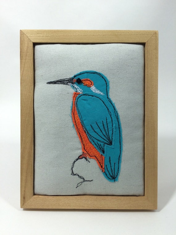 Kingfisher bird free motion embroidery by fabricatethings