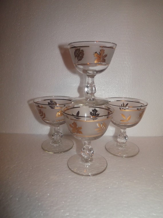 4 Mid Century Libbey Gold Leaf Champagne / Sherbert Ball Stem