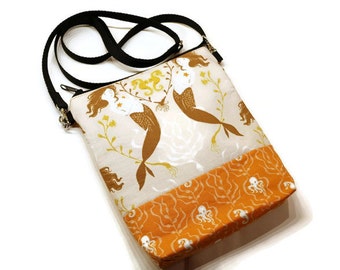 Mermaid and sealife theme small zippered cross body bag, shoulder purse. Salmon and orange. Bags and Purses. Gift for her.