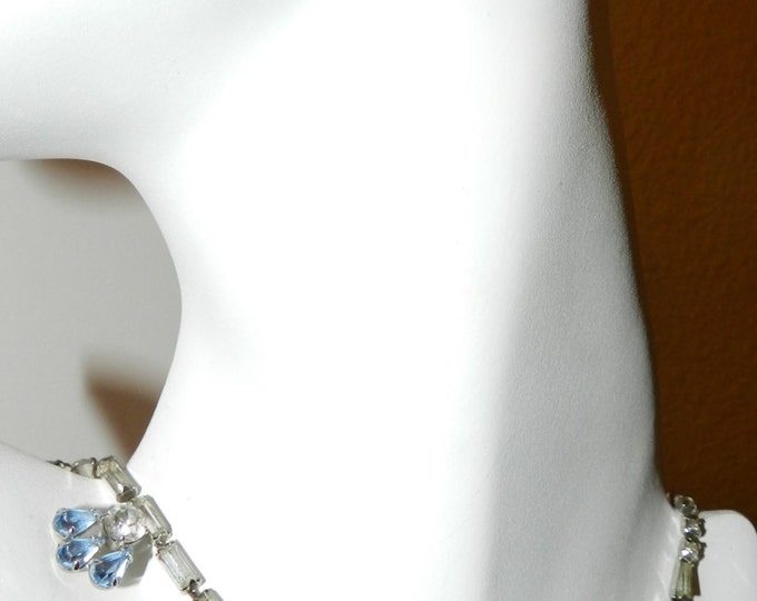 Teardrop Sky Blue Clear Glass Princess Necklace Earrings Set, Fashion Jewelry Set, Mid Century, Vintage Bridal Jewelry, Rockabilly