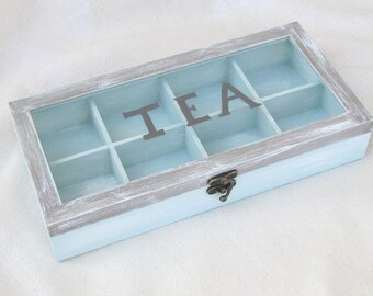 Wooden tea box blue brown with compartments, tea storage box , box glass lid, gift for tea lover ,coastal decor , tea bags organizer