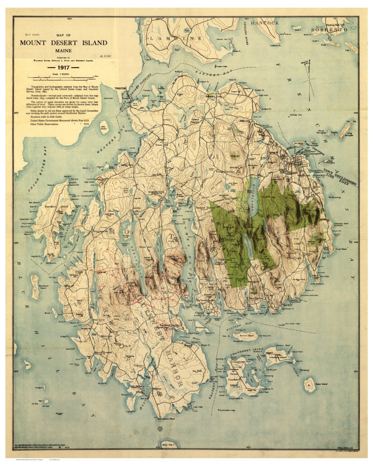Mount Desert Island 1917 Map Bates Rand & Jacques Old Map