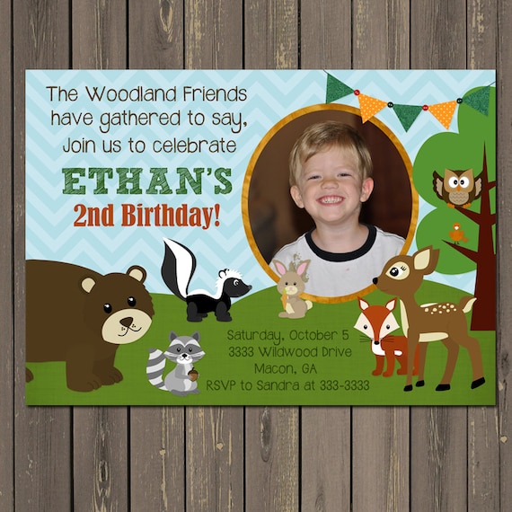 Woodland Birthday Invitation, Boys Woodland Animal Birthday Party Invitation, Forest Friends, 1st Birthday, bear, fox, skunk, owl Il_570xn