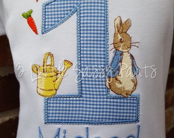 Peter Rabbit Birthday Shirt-Boys Birthday Shirt- Custom Applique Birthday Shirt- Embroidered- Peter Rabbit- 1st Birthday Shirt